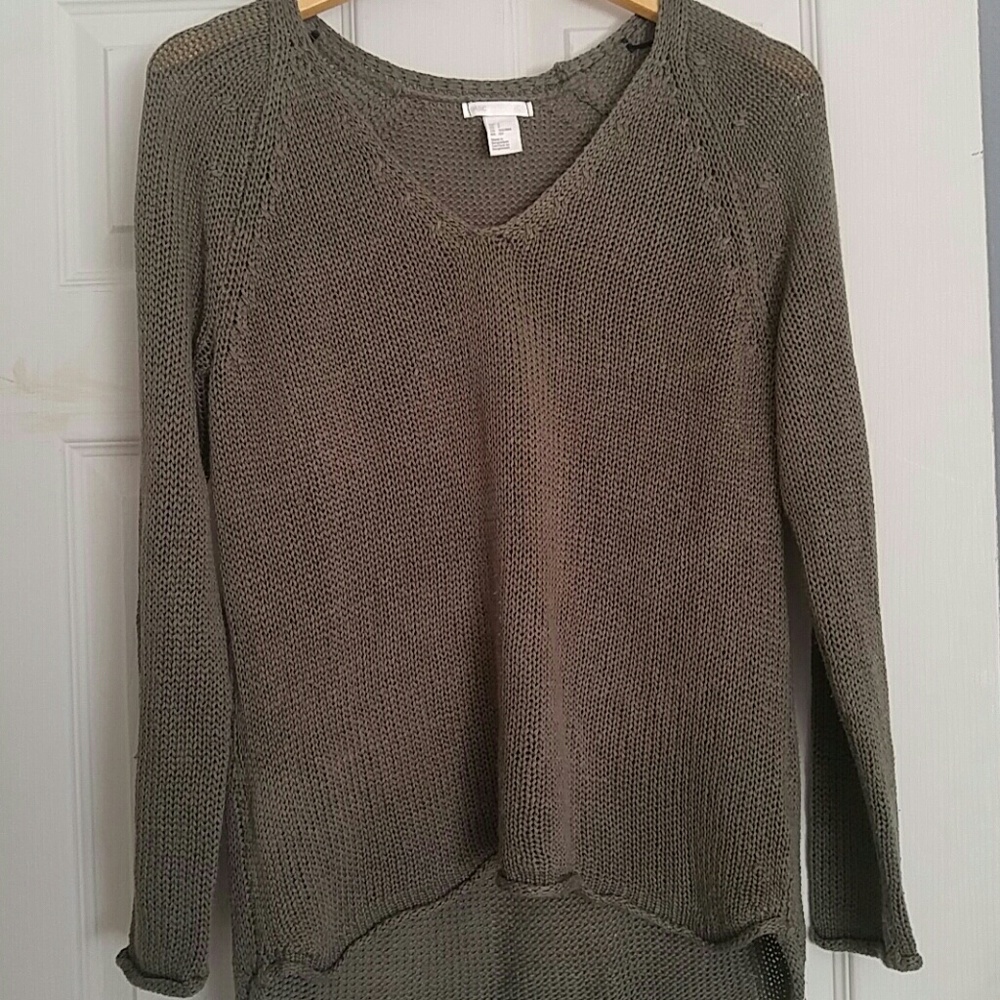 Army green open knit sweater V neck